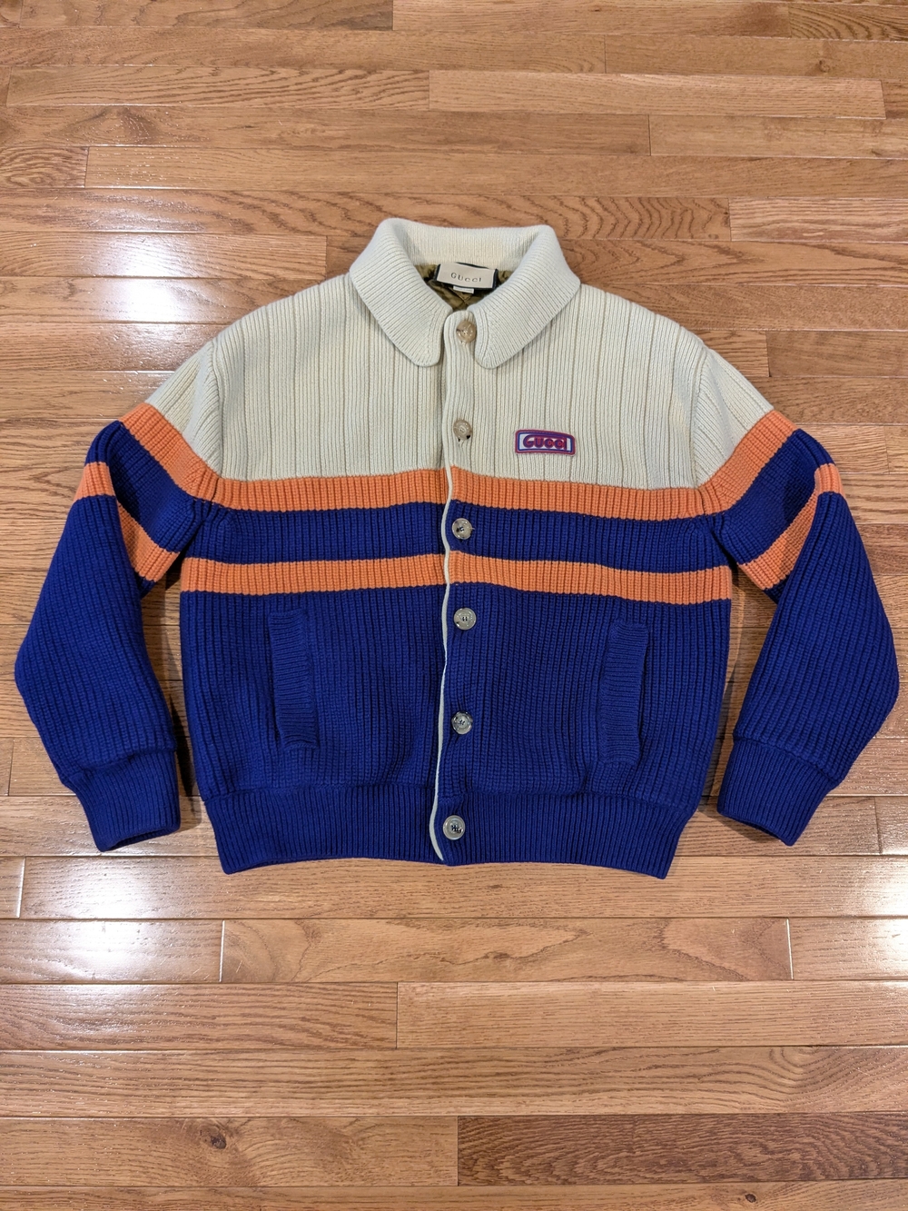 Gucci Colorblock Wool Rib-Knit Button Cardigan Sweater - Cream, Orange & Blue M